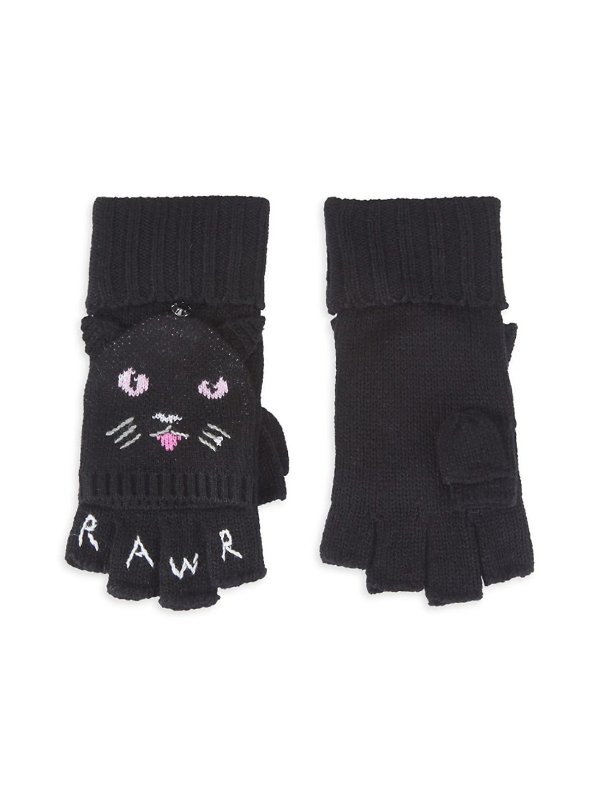 Cat ​Embroidered Flip-Top Knit Gloves