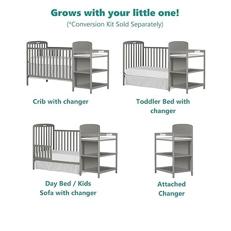 Anna 3-in-1 Full-Size Crib and Changing Table Combo in Steel Grey, Greenguard Gold Certified, Non-Toxic Finishes, Includes 1" Changing Pad, Wooden Nursery Furniture