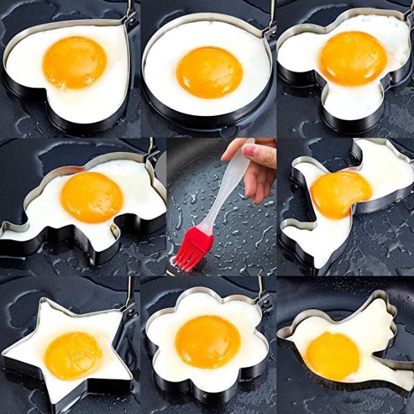 Egg poacher- 8pcs Different Shapes Stainless Steel Fried Egg Molds with 1pc Silicone Pastry Brush - Set of 9