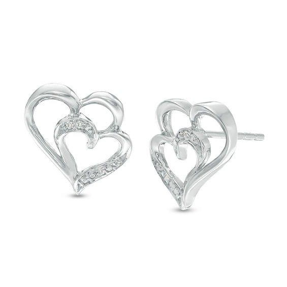 Diamond Accent Double Heart Stud Earrings in Sterling Silver|Zales