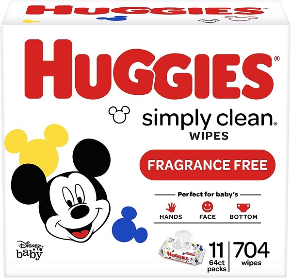 Simply Clean Fragrance-free Baby Wipes, Soft Pack (11-Pack, 704 Sheets Total), Alcohol-free, Hypoallergenic (Packaging May Vary)