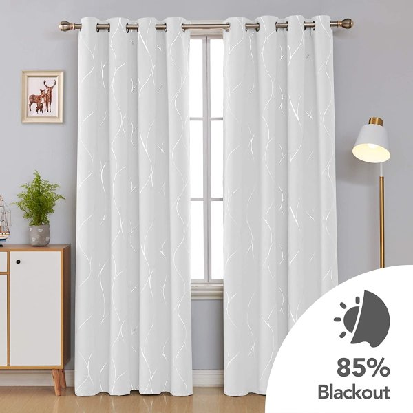 Silver Wave Foil Print Blackout Curtains Grommet Light Blocking Room Darkening Curtain Noise Reducing Window Draperies for Living Room 52W x 84L Inch Set of 2 Panels Greyish White