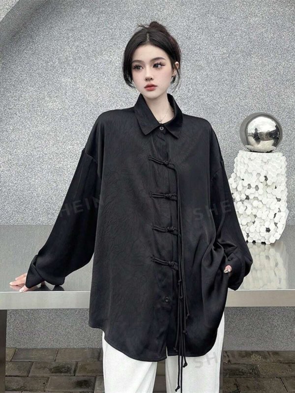 New Chinese Style Stand Collar Long Sleeve Drop Shoulder Shirt With Button Placket
