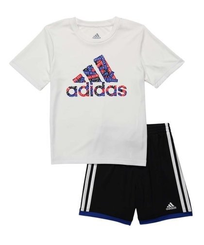 White Logo Crewneck Tee & Black Shorts - Toddler & Boys