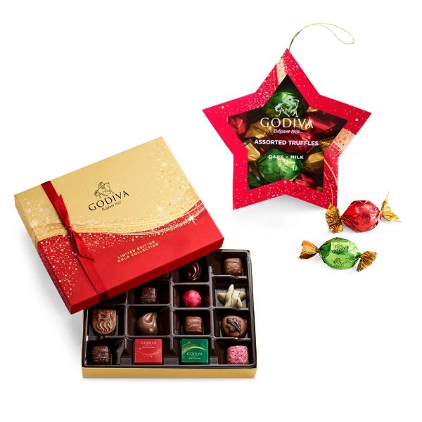 Assorted Chocolate Seasonal Gift Box and Chocolate-Filled Star Ornament