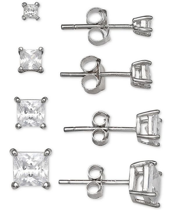 4-Pc. Set Cubic Zirconia Princess Stud Earrings in Sterling Silver, Created for Macy's