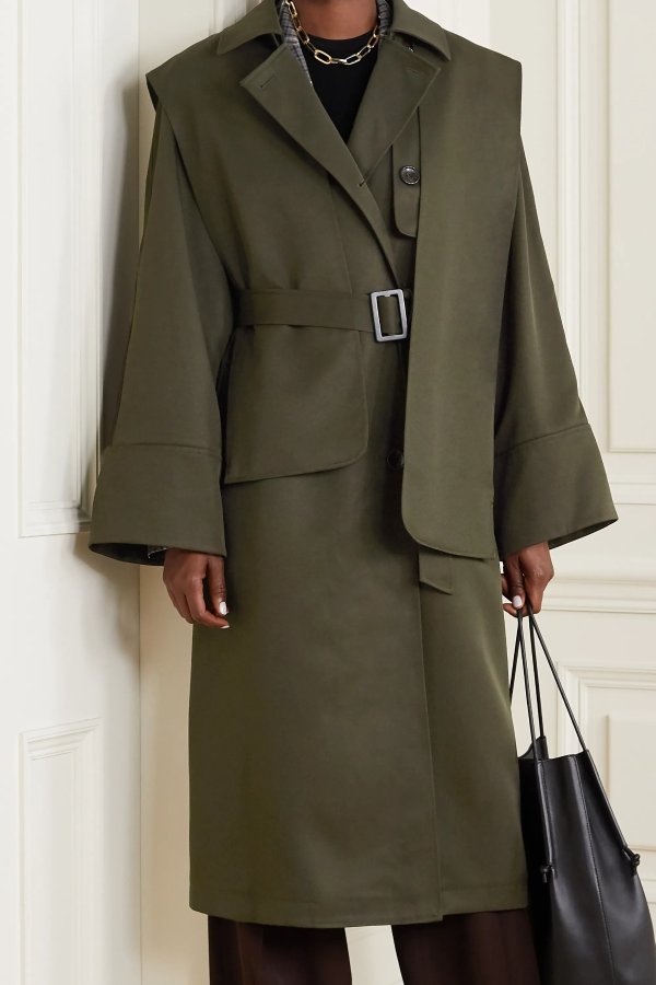 Layered double-breasted woven trench coat