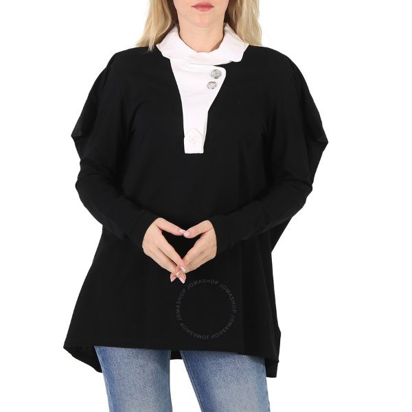 Ladies Black Contrast-Collar Pique Reconstructed Polo Shirt