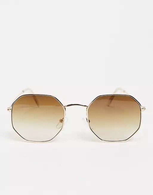 hexagon metal sunglasses with grad brown lens in gold