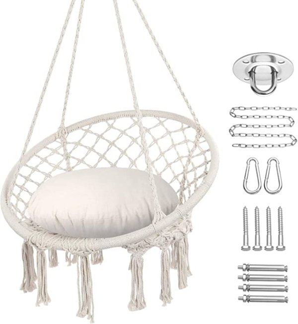 Hammock Chair Macrame Swing, Max 330 Lbs, Hanging Cotton Rope Hammock Swing Chair for Indoor and Outdoor Use (Beige)