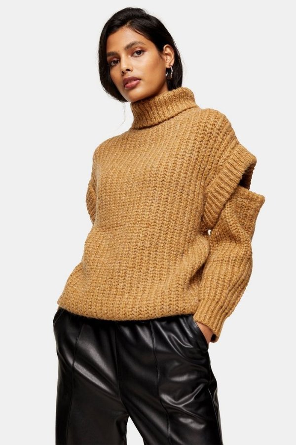 Camel Split Shoulder Roll Neck Knitted Sweater | Topshop