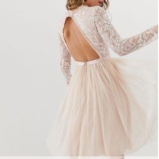 embellished long sleeve midi dress with tulle skirt in rose quartz at asos.com