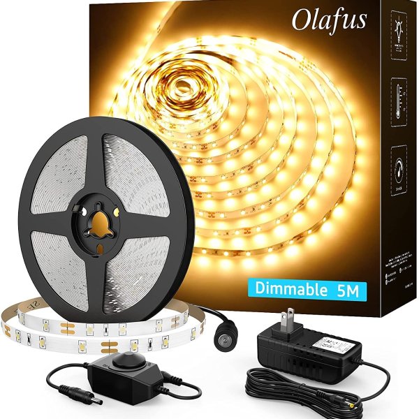 Olafus 16.4ft LED Strip Lights Daylight White, Power Adapter, Dimmable LED Vanity Light