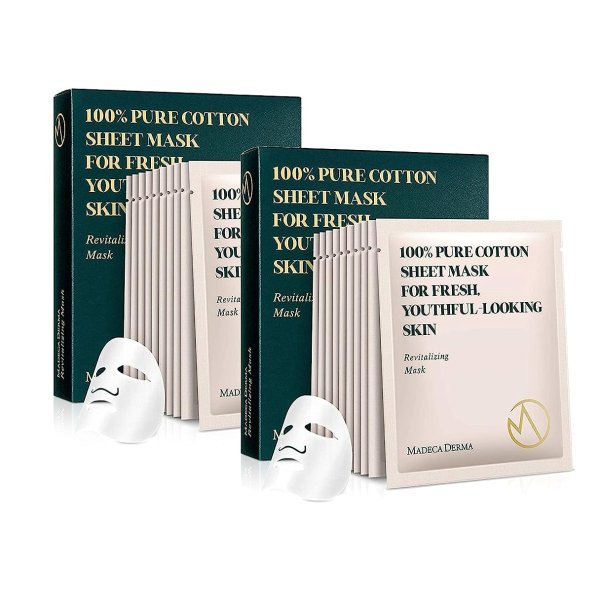 Revitializing Mask by Dongkook - 100% Pure Cotton Face Mask Sheet Korean Skin Care - Sensitive/All Skin Types - Instant Repairing & Moisturizing. Centella Asiatica (10 ea * 2 boxes)