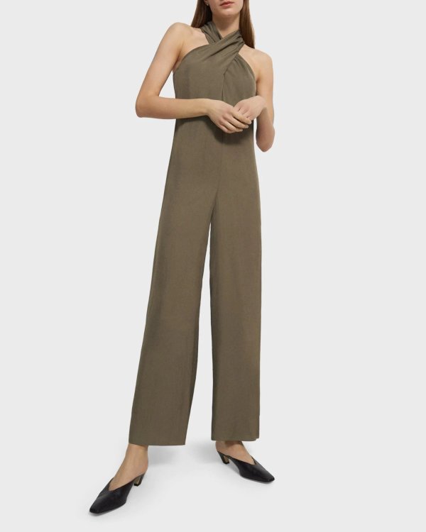 Sleeveless Halter Jumpsuit in Washed Twill