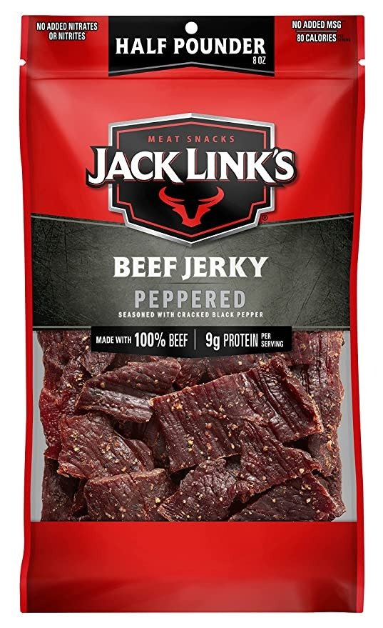 Beef Jerky, Peppered, 1/2 Pounder Bag - Flavorful Meat Snack, 9g of Protein and 80 Calories, Made with Premium Beef - 96% Fat Free, No Added MSG** or Nitrates/Nitrites