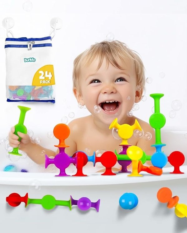 Suction Bath Toys 24pcs | Connect, Build, Create |Bath Toy | Hours of Fun & Creativity | Stimulating & Addictive Sensory Suction Toy | Easter Basket Stuffers for Boys | Easter Gifts for Boys