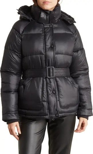 Belted Detachable Hood Puffer Jacket