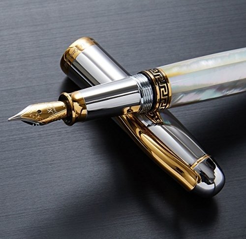 Maestro Mother of Pearl, Platinum and 18K Gold Finish Medium Point Handcrafted Serialized Fountain Pen. No Two Alike