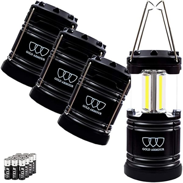 Armour LED Camping Lantern, Battery Powered LED Lanterns, 500 Lumens, Survival Kits for Power Outages, Hurricane, Emergency, Portable Lights Gear, Alkaline Batteries Included (4Pack Black)