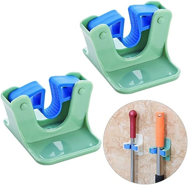 Mop and Broom Holder - Nail Free Adhesive Wall Mount Broom and Gripper Garden Storage Rack Garage Storage Systems Broom Organizer (Green2)