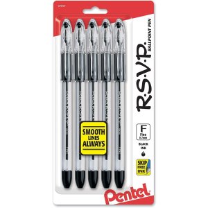 Pentel R.S.V.P. Ballpoint Pen, Fine Line, Black Ink, 5 Pack