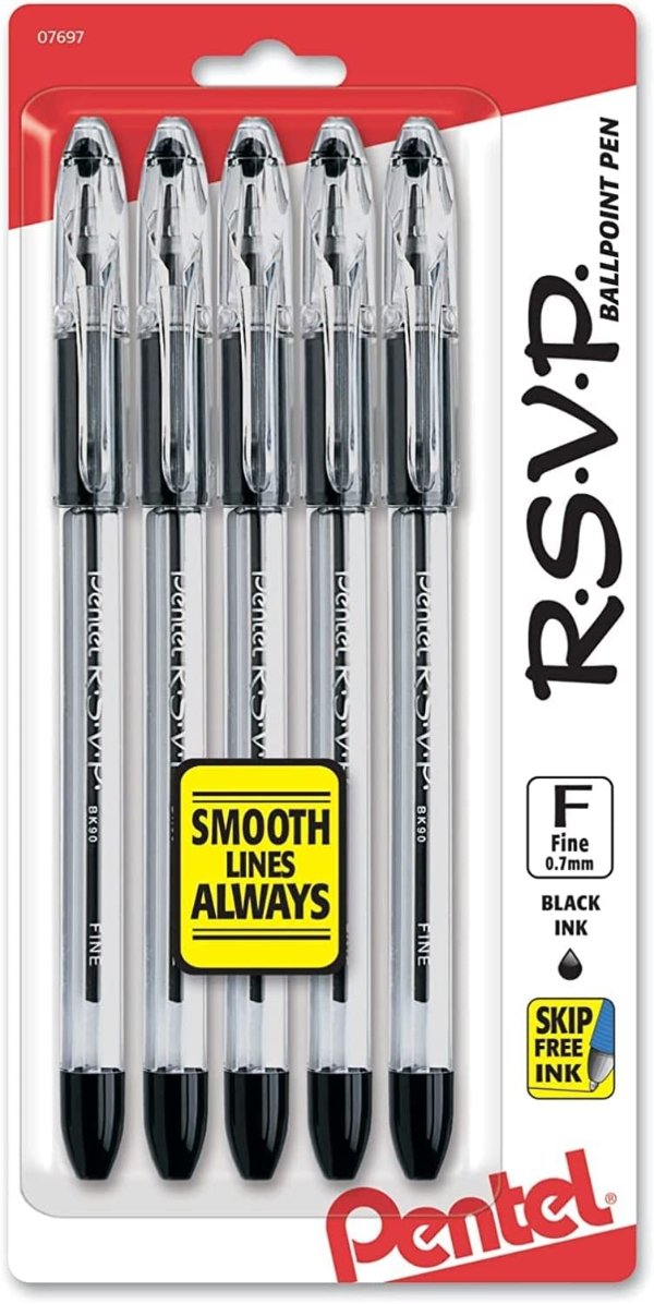 R.S.V.P. Ballpoint Pen, Fine Line, Black Ink, 5 Pack