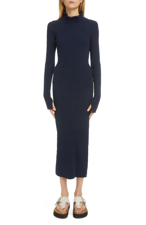 Kennice Ribbed Long Sleeve Slub Midi Sweater Dress