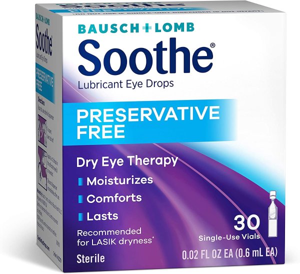 Bausch & Lomb Dry Eyes Drops, Lubricant Relief, Preservative Free, Single Use Dispensers, Packaging May Vary, Transparent, 0.6 ml, 30 Count