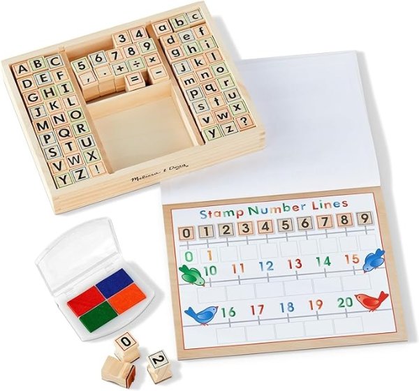 Deluxe Wooden Stamp Set - ABCs 123s (Arts & Crafts, 4-Color Inkpad, 70+ Pieces)