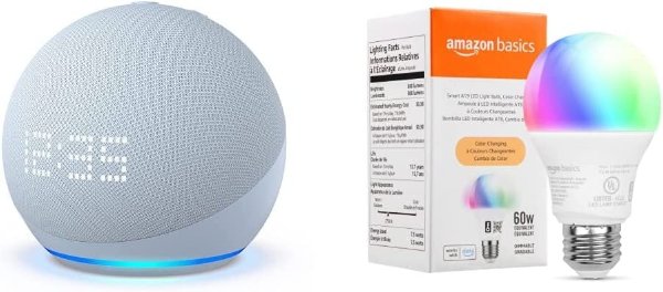 Echo Dot (5th Gen) with Clock| Cloud Blue with Amazon Basics Smart Color Bulb