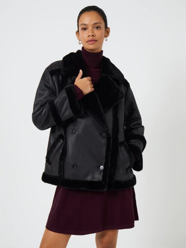 Belen Faux Fur Double Breasted Coat Black/ Black | French Connection USBelen Faux Fur Double Breasted Coat