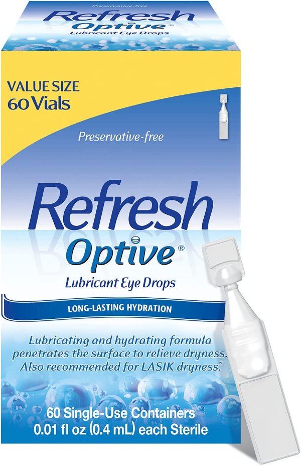 Refresh Optive Lubricant Eye Drops For Dry Eyes, Preservative-Free, 0.01 Fl Oz Single-Use Containers, 60 Count