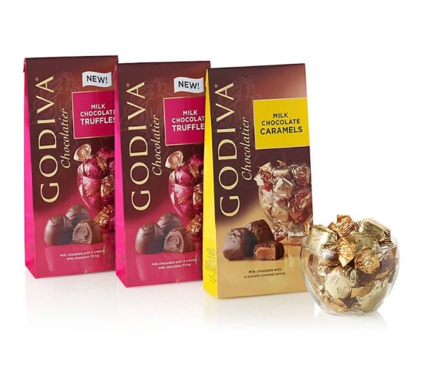 Assorted Milk Chocolate Truffles & Caramels, Large Bags, Wrapped, Set of 3 | GODIVA