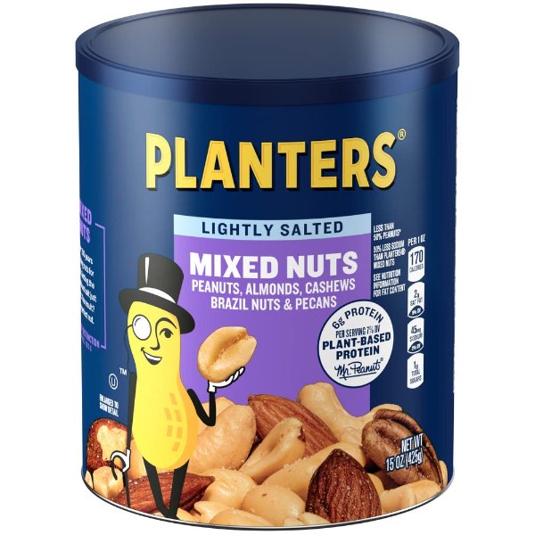 Lightly Salted Mixed Nuts, 15 oz Canister - Less than 50% Peanuts, Almonds, Cashews, Pecans, Brazil Nuts Roasted in Peanut Oil - On-the-Go Snack and Movie Snack - Resealable Canister - Kosher