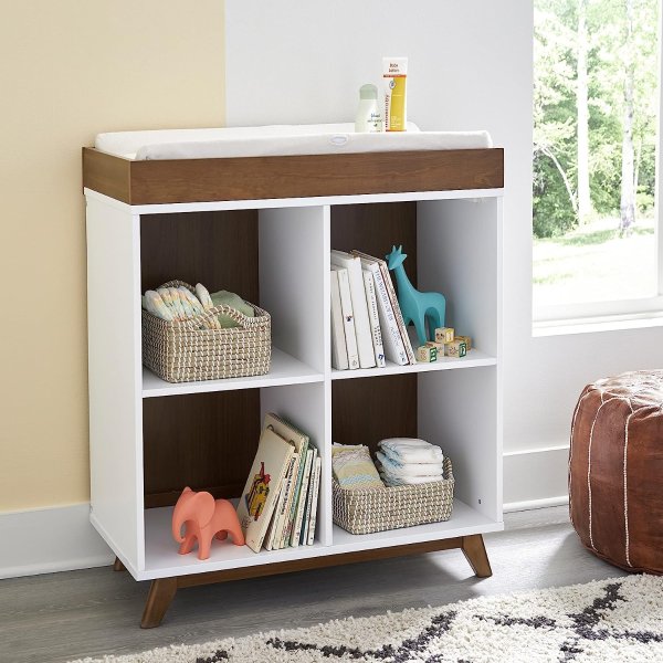 Otto Convertible Changing Table and Cubby Bookcase in White and Walnut