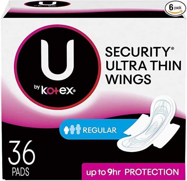 Security Ultra Thin Pads with Wings, Regular, Unscented, 216 Count (6 Packs of 36)