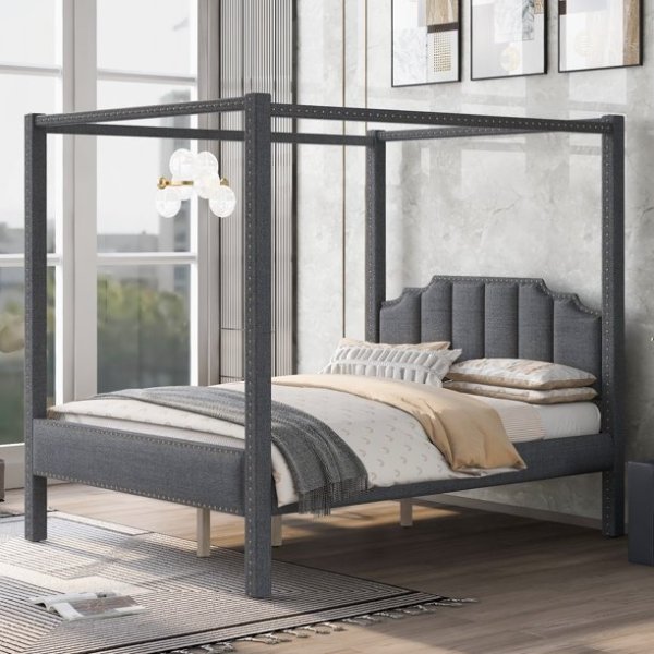 EUROCO Queen Size Upholstery Canopy Platform Bed with Four Support Legs, Gray