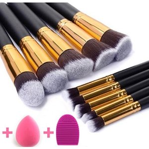 BEAKEY Makeup Brushes Set Premium Makeup Brush Kit Synthetic Kabuki with Blender Sponge and Brush Egg (10+2pcs,Black/Silver)
