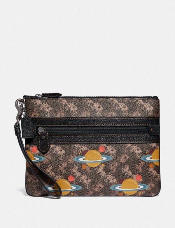 Large Front Zip Wristlet With Horse and Carriage Print and Planet
