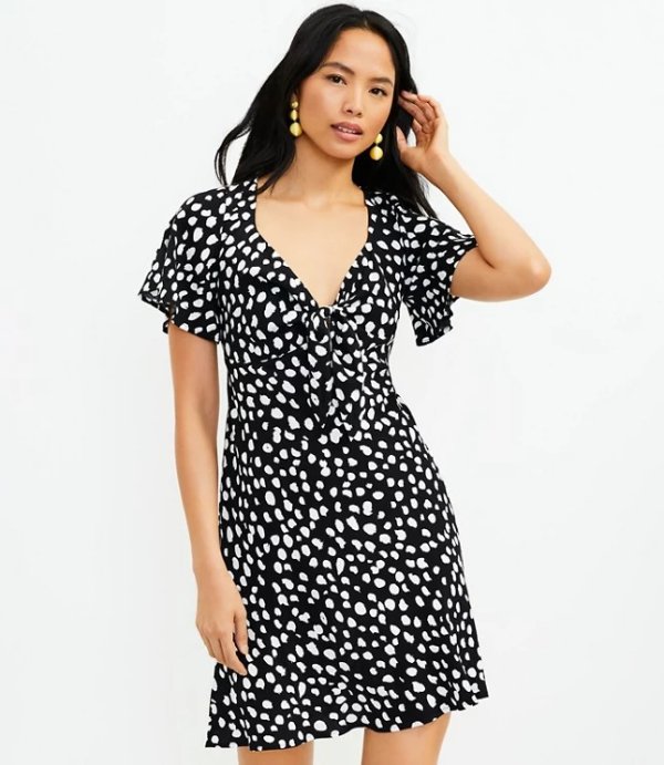 Dotted Tie Front Flare Dress | LOFT