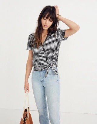 Short-Sleeve Wrap Top in Gingham Check