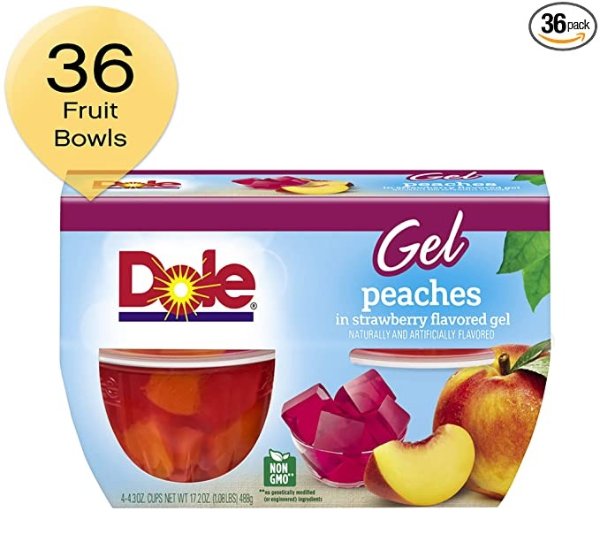 FRUIT BOWLS, Peaches in Strawberry Flavored Gel Fruit Cups, 4.3 Ounce (36 Cups)