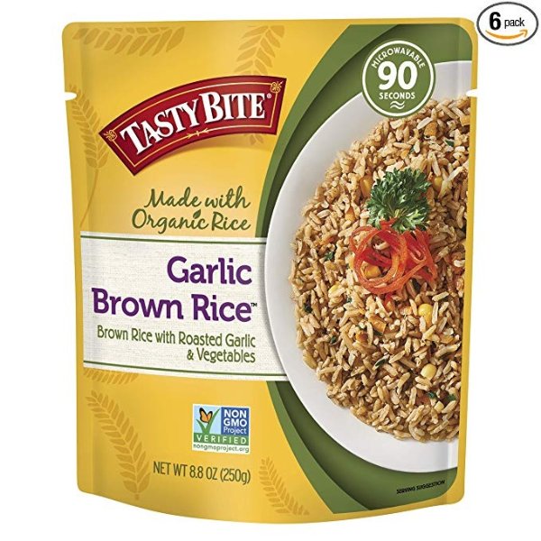 Brown Rice Garlic 8.8 Ounce (Pack of 6), Whole Grain Garlic Brown Rice, Fully Cooked, Ready to Serve, Microwaveable, Vegan Gluten-Free No Preservatives