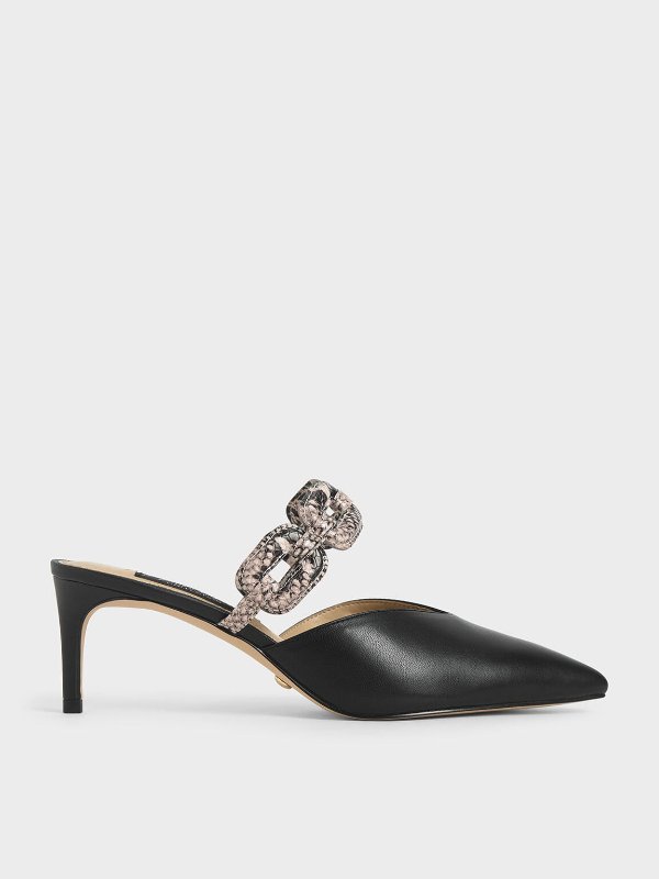 Black Leather Snake Print Mules | CHARLES &amp; KEITH
