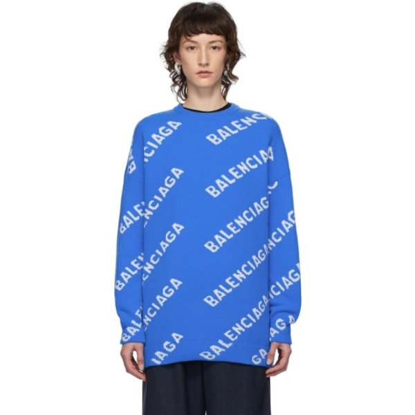 - Blue & White All Over Logo Sweater