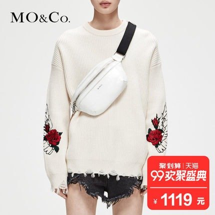 MOCO2018秋季新品刺绣纯羊毛衫 宽松套头毛衣女 针织衫