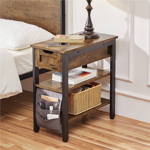 Narrow End Table, Flip Top Side Table with Drawer and Shelves, Wooden Nightstand Bedside Table with Removable Fabric Bag for Living Room/Bedroom/Small Space, Rustic Brown