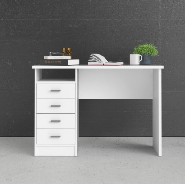 44 in. Rectangular White 4 Drawer Writing Desk with Built-In Storage