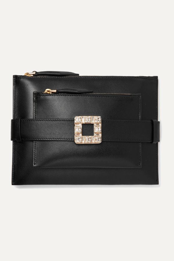 Convertible crystal-embellished leather clutch